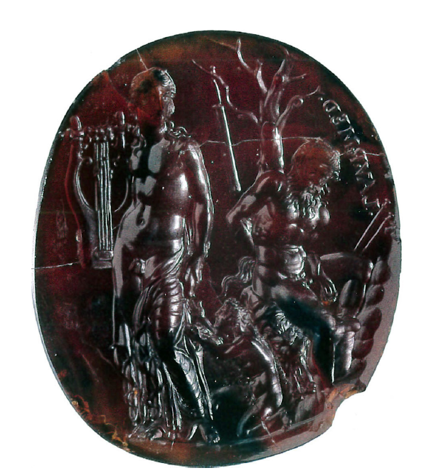 Seal of Nero - Attributed to Dioscurides, carnelian with Apollo, Olympus and Marsyas - Medici Collection