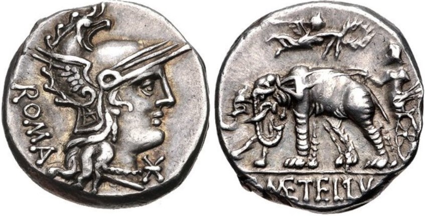 Denarius con elefanti, celebrativo della vittoria di Lucio Cecilio Metello del 250 a.C. a Panormo