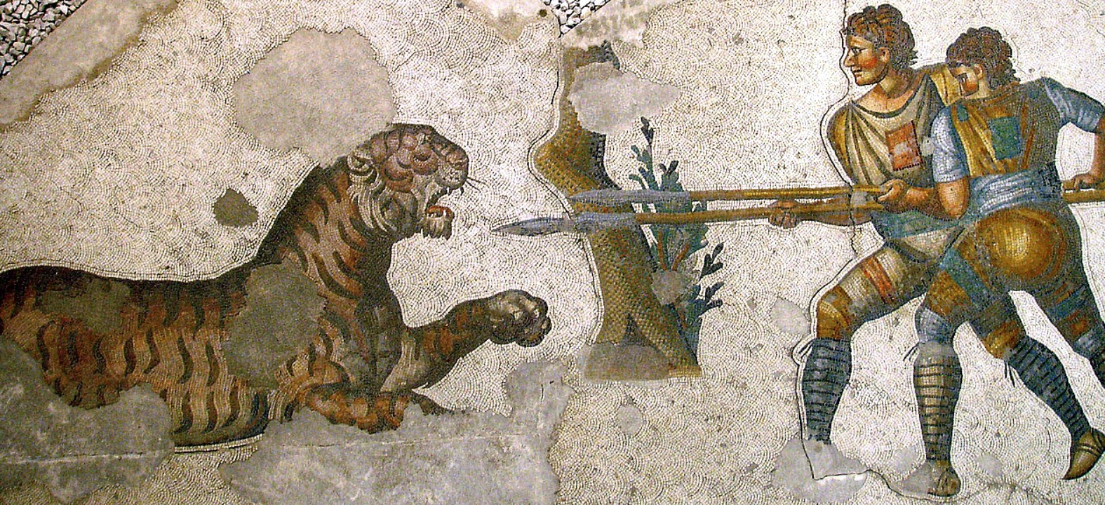 Venatores contro leone.Mosaico V secolo d.C. - Museo dei mosaici, Istanbul
